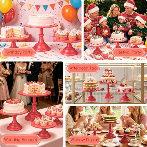 3 PCS Red Round Cake Stand Set, Multi Size Metal Cupcake Holders Stand for Birthday Wedding Banquets, Pastry Display Holders for Holiday Party Dessert Display Table Decor (8"/10"/12" Plate) - Image 6