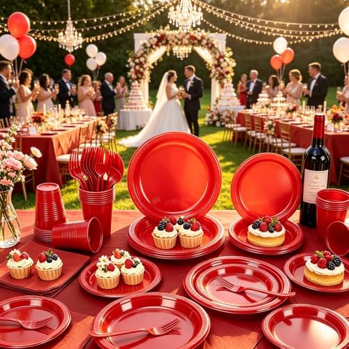 Red Plastic Party Plates 50 Guest Disposable Red Dinnerware for Birthday - Image 6