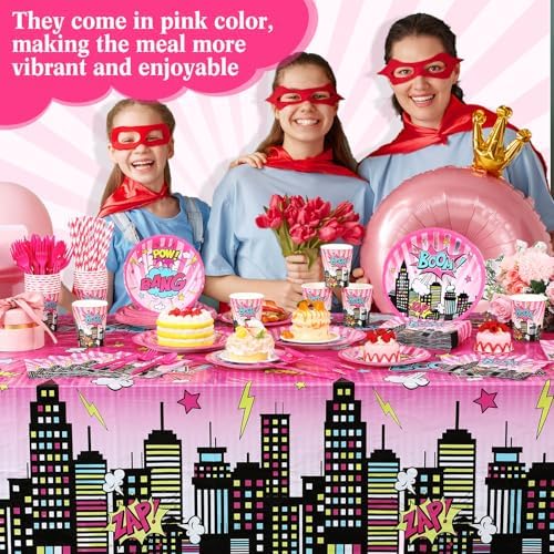 Funnymoom 219 Pcs Pink Hero Birthday Party Decorations Girl Pink Comic Hero Plates Napkins Cups Tablecloth Cutlery Straw Disposable Tableware Set for Birthday Baby Shower Party Supplies, Serves 24 - Image 5