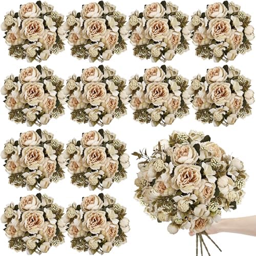 12 Bundles Fake Peony Artificial Flowers - Beige by TOBILU