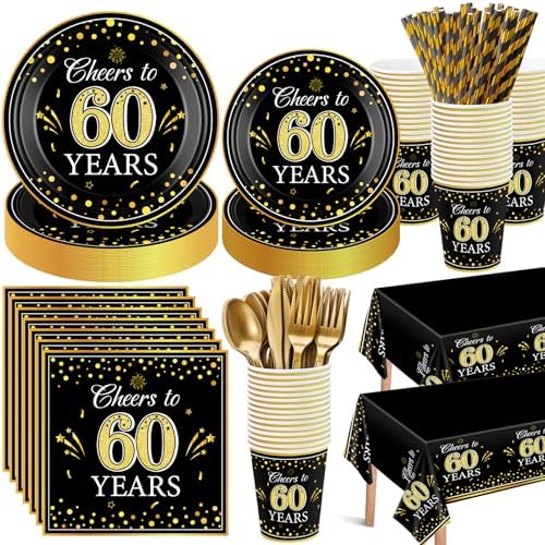 Funnymoom 452 Pcs 60th Anniversary Party Decorations, Cheers to 60 Years Paper Plates Napkins Cups Tablecloth Cutlery Straws Disposable Tableware Set for 60th Birthday Party Supplies for 50 Guests by Funnymoom