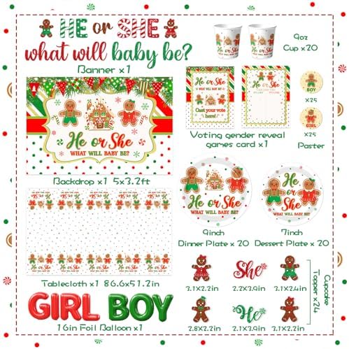 Christmas Gingerbread Gender Reveal Decorations Red Green Christmas Gender Reveal Paper Plates Napkin Tablecloth Balloons Boxes Tablecloth Backdrop Cake Topper for Xmas Baby Shower Party Decor - Image 3