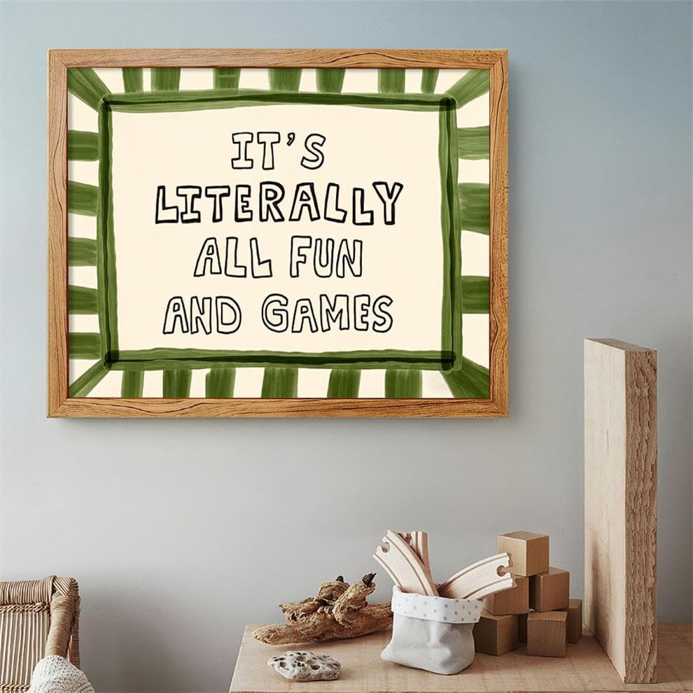 Framed 24x36 inch It's Literally All Fun And Games Funny Quotes Wall Art Preppy Minimalist Poster Canvas Prints For Kids Living Room Nursery Bedroom Wall Decor - Image 4