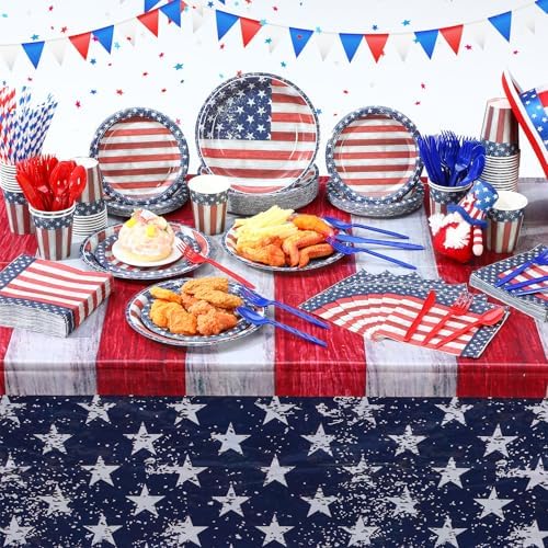 Funnymoom 452 Pcs 4th of July Party Supplies for 50 Guests, Memorial Day Patriotic Paper Plates Napkins Cups Tablecloth Cutlery Straw White Red Blue Tableware for 250th Aniversary Party Decoration - Image 6