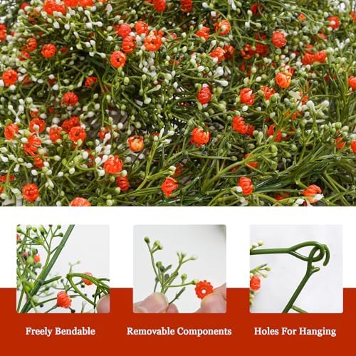 2 Pcs 5.8ft Artificial Baby Breath Flower Vines, Babys Breath Artificial Flowers Real Touch Faux Gypsophila Hanging Fake Baby's Breath Garlands for Wedding and Baby Shower Decor(Red-Orange - Image 3