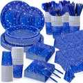 Funnymoom 452 Pcs Navy Blue Birthday Party Decoration Include Royal Blue Paper Plates Diamond Napkins Cups Tablecloth Cutlery Straws Tableware for Birthday Baby Shower Graduation Party Supplies by Funnymoom