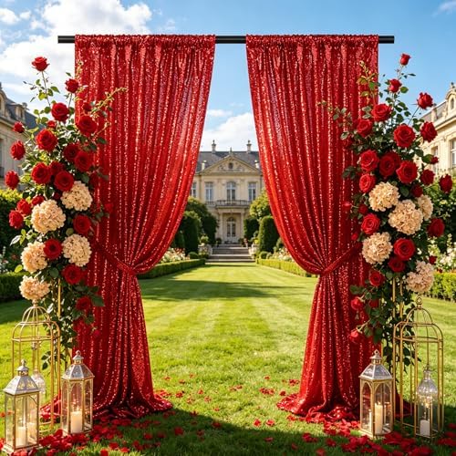 Red Glitter Sequin Backdrop Curtains 8ftx8ft Photo Drapes - Image 2