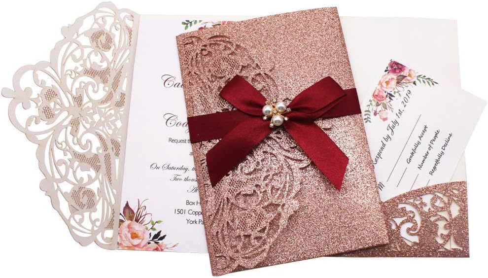 25Pcs Tri-Fold Glitter Wedding Invitations with RSVP Cards and Envelopes by AdasBridal