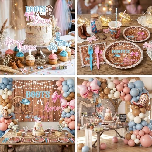 Boots Or Bows Gender Reveal Decorations, 313pcs Western Gender Reveal Decorations Plates and Napkins Cups Banner Backdrop Tablecloth Cake Topper Balloon for Boots Or Bows Gender Reveal Party Supplies - Image 5