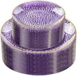 Rubtlamp 60Pcs Clear Purple Gold Plastic Plates, Purple Disposable Plates With Gold Rim, Hammered Plastic Plates Include 30 Clear Dessert Plates, 30 Dinner Plates for Party by Rubtlamp