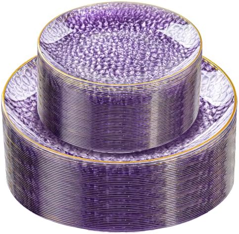 Rubtlamp 60Pcs Clear Purple Gold Plastic Plates, Purple Disposable Plates With Gold Rim, Hammered Plastic Plates Include 30 Clear Dessert Plates, 30 Dinner Plates for Party by Rubtlamp