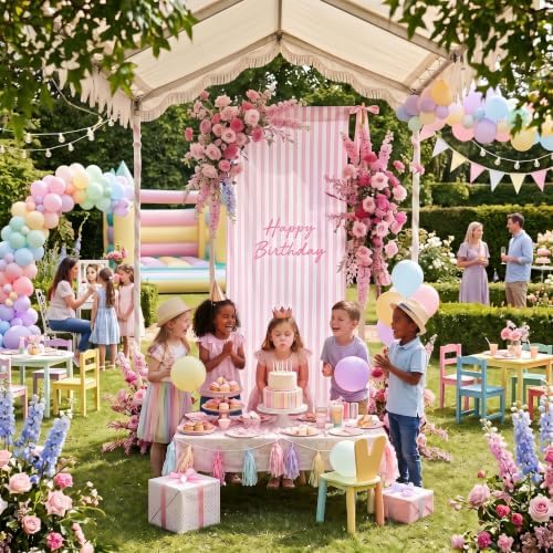 Striped Happy Birthday Sign Stand with Linen Ribbon, Pink - Image 3