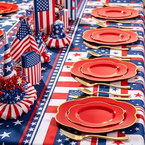 Liacere 50PCS Red Plastic Plates - Heavy Duty Disposable Plate-Red and Gold Include 25PCS Dinner Plate, 25PCS Dessert Plates for Party & Baby Shower & Graduation & Independence Day - Image 4