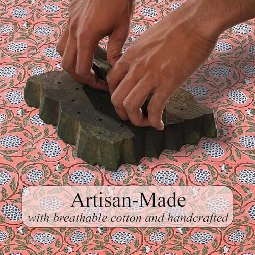 Ridhi Dark Salmon Pink Hand Block Print Cotton Tablecloth 190 x 72 Inch - Image 4