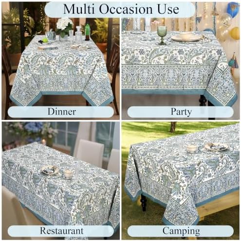 Ridhi Asparagus Blue Paisley Hand Block Print Cotton Rectangle Tablecloth 60x90 inch Reusable Table Cover Decorative Everyday Use for Dining Room, Farmhouse, Home Gift for Spring, Summer - Image 5