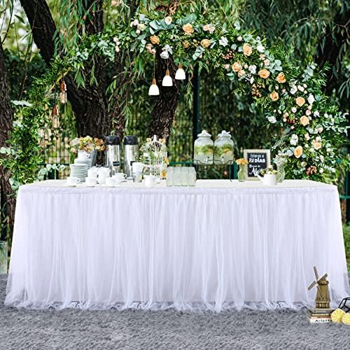 2 Pack 6ft White Tulle Table Skirts for wedding Bridal Shower White Ruffle Tutu Tablecloth for Baby Shower Birthday Party Banquet Baptism Cake Dessert Table Decorations - Image 5