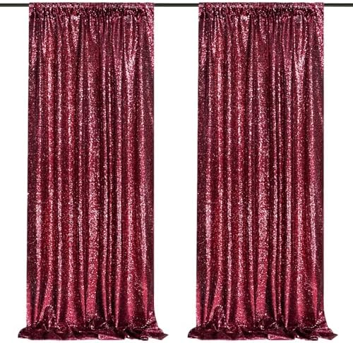Glitter Sequin Backdrop 2 Panels 3x8FT Burgundy Red Wedding Photo Curtains by QueenDream
