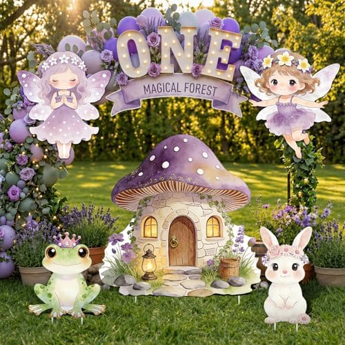 5PCS Purple Fairy First Birthday Decorations, Magical Woodland Cardboard Cutouts Corrugated Plastic Yard Signs Enchanted Garden Themed Party Supplies Princess Baby Shower Photo Props - Image 2