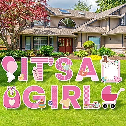 Elcoho 12Pcs Its A Girl Yard Sign with Stakes Stork Baby Shower Yard Sign Pink Gender Reveal Lawn Sign Welcome Home Yard Sign for Outdoor Baby Shower Party Decoration by Elcoho