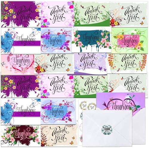Eilyliafe 160 Piece Bulk Set of 4x6 Blank Thank You Cards with Envelopes & Stickers - 32 Watercolor Floral Designs for Small Business, Wedding, Funeral, Baby Shower, Graduation & Thanksgiving by Eilyliafe
