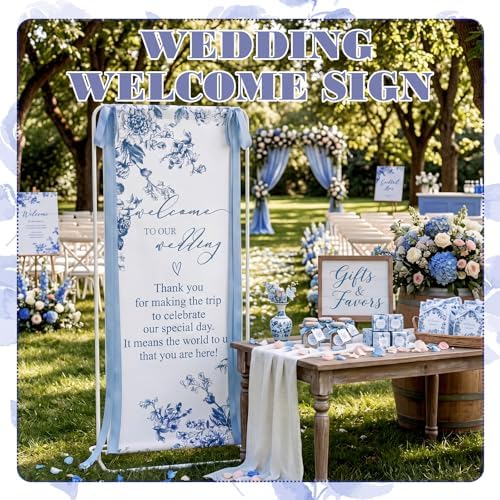 Chinoiserie Floral Wedding Welcome Linen Sign Stand(Blue) - Image 2