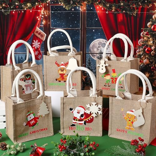 Sweetude 12 Pack Christmas Linen Burlap Bags with Tags,Lovely - Image 4