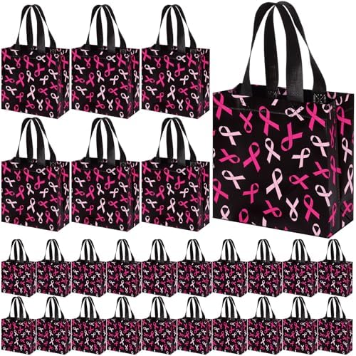 Lingvee 50 Pcs Breast Cancer Awareness Gift Bag Bulk Reusable Tote Bags with Handle, Pink Ribbon Non Woven Bottom Tote for Women Friends Breast Cancer Survivor Party Supplies(Pink Ribbon) by Lingvee