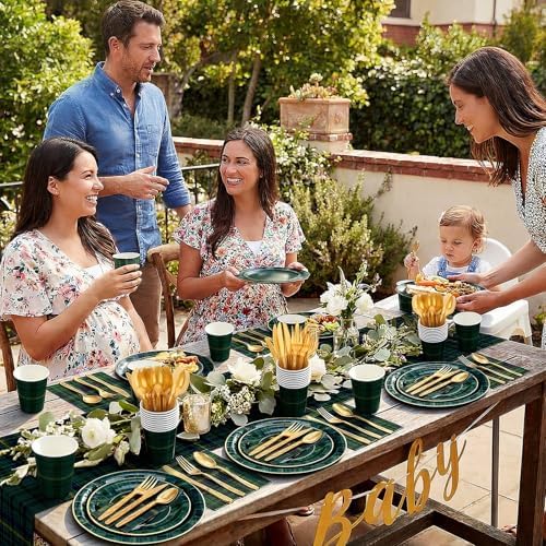 Jinei 175 Pcs Green Blue Tartan Plaid Baby Shower Plates and Napkins Tableware Baby Shower Decoration, Disposable 9/7 Inch Tartan Plates Gold Utensils 9 oz Cups for We Can Bearly Wait Party, Serve 25 - Image 3