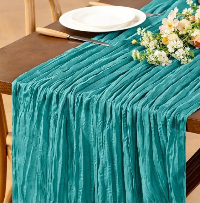 Teal Cheesecloth Table Runner Boho Wrinkled Gauze Table Runners by Jimtx
