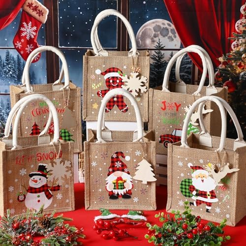 Sweetude 12 Pack Christmas Linen Burlap Bags with Tags,Plaid - Image 5