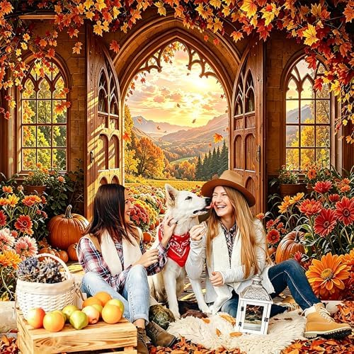 Fall Window Scenery Backdrop 10x6.5FT Autumn Gothic Arch Door Backdrops - Image 5