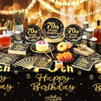 Funnymoom 452 Pcs 70th Birthday Party Decorations Set for Men Women, Black and Gold Happy 70th Birthday Paper Plates Napkins Cups Tablecloth Cutlery Straws Cheers to 70 Years Anniversary Party - Image 5
