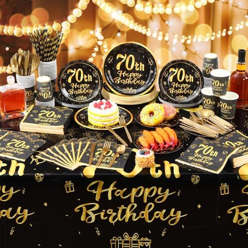 Funnymoom 452 Pcs 70th Birthday Party Decorations Set for Men Women, Black and Gold Happy 70th Birthday Paper Plates Napkins Cups Tablecloth Cutlery Straws Cheers to 70 Years Anniversary Party - Image 5