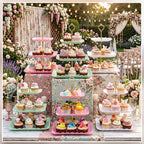 8 Pcs 3 Tier Serving Tray Cupcake Stand, Square, White, Pink, Green - Image 6