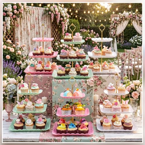 8 Pcs 3 Tier Serving Tray Cupcake Stand, Square, White, Pink, Green - Image 6
