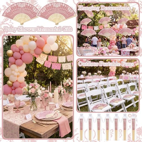 Barydat 24 Sets Cielito Lindo Baby Shower Favors De Barro Paper Hand Fans with Organza Bags Mexican Folding Fans Handheld Home Decor DIY Supplies for Guest Talavera Bridal Baby Shower(Pink) - Image 5