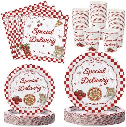 FoldTier 250 Pcs Special Delivery Pizza Baby Shower Party Supplies Disposable Tableware Set Serves 50 Guests Italian Pizza Theme Paper Plates Cups Napkins for Gender Reveal Birthday Party Decoration by FoldTier