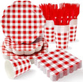 350 PCS Red Gingham Disposable Dinnerware Set, Decagonal Paper Plates 7 & 9 Inch, Napkins, Cups & Cutlery, Checkered Party Supplies for Picnic BBQ Valentine Christmas by Unknown