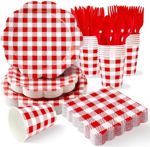 350 PCS Red Gingham Disposable Dinnerware Set, Decagonal Paper Plates 7 & 9 Inch, Napkins, Cups & Cutlery, Checkered Party Supplies for Picnic BBQ Valentine Christmas by Unknown