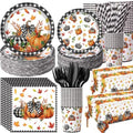 Ceenna 452 Pcs Fall Pumpkin Party Supplies for 50, Black Buffalo Plaid Pumpkin Leaves Paper Plates Napkins Cups Tablecloth Cutlery Straw Disposable Tableware for Thanksgiving Autumn Harvest Decoration by Ceenna