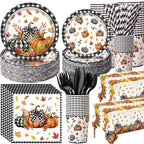 Ceenna 452 Pcs Fall Pumpkin Party Supplies for 50, Black Buffalo Plaid Pumpkin Leaves Paper Plates Napkins Cups Tablecloth Cutlery Straw Disposable Tableware for Thanksgiving Autumn Harvest Decoration by Ceenna