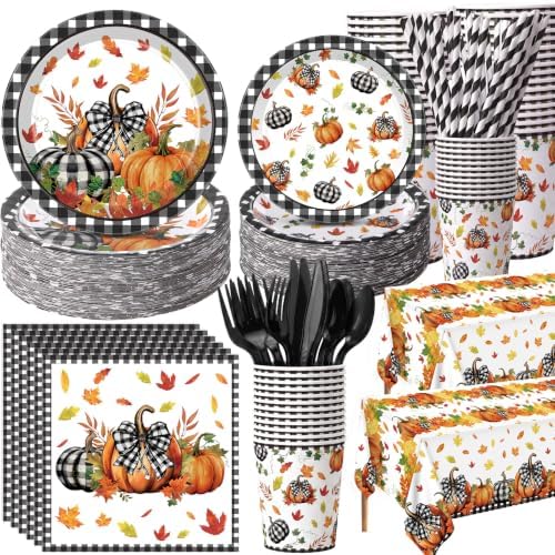 Ceenna 452 Pcs Fall Pumpkin Party Supplies for 50, Black Buffalo Plaid Pumpkin Leaves Paper Plates Napkins Cups Tablecloth Cutlery Straw Disposable Tableware for Thanksgiving Autumn Harvest Decoration by Ceenna