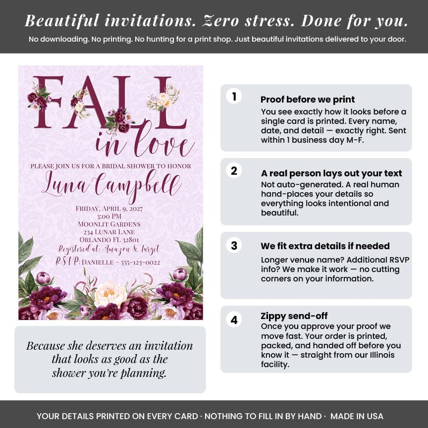 Amanda Creation Fall in Love Bridal Shower Invitations, 30 Personalized 5x7 Purple Bridal Shower Invitations with Envelopes, Purple Peony Autumn Design - Image 3