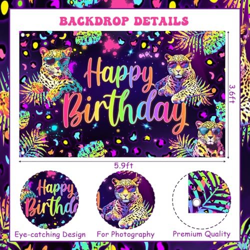 Rainbow Leopard Birthday Party Decorations Cheetah Happy Birthday Backdrop Banner Cake Topper Neon Leopard Table Decor Hanging Swirls Neon Print Sash Jungle Animal Wild Party for Women - Image 5