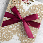 ponatia 25PCS Hollow Rose Laser Cut Wedding Invitations Cards with Envelopes, Printable Paper with Burgundy Ribbons For Wedding Bridal Shower Engagement Sweet 16 Birthday Invite (Gold Glitter) - Image 6