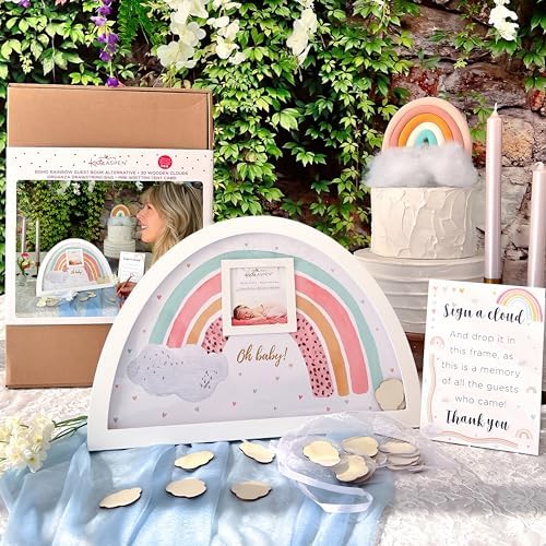 Kate Aspen Boho Baby Shower Guest Book Alternative Rainbow Frame with 30 Wooden Clouds, Frame for Sonogram Picture, Rainbow Baby Shower Decorations & Keepsake, Nursery Decor (Pack of 2) - Image 2