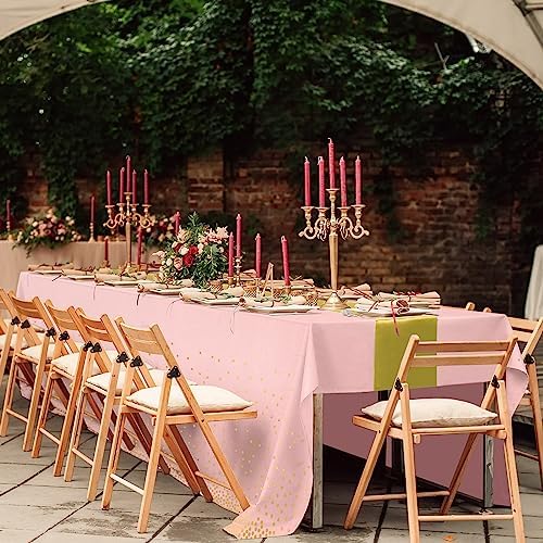 16Pack Disposable Plastic Tablecloths and Satin Table Runner Set Pink and Gold Dot Tablecloth Gold Satin Table Runner for Wedding Birthday Baby Shower Anniversary Christmas New Year Party Supplies - Image 7