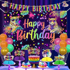 Rainbow Leopard Birthday Party Decorations Cheetah Happy Birthday Backdrop Banner Cake Topper Neon Leopard Table Decor Hanging Swirls Neon Print Sash Jungle Animal Wild Party for Women - Image 3