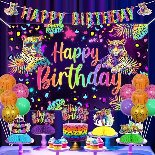 Rainbow Leopard Birthday Party Decorations Cheetah Happy Birthday Backdrop Banner Cake Topper Neon Leopard Table Decor Hanging Swirls Neon Print Sash Jungle Animal Wild Party for Women - Image 3