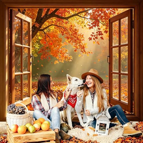 8x6FT Fall Window Backdrop, Autumn Forest Maple Leaves Photo Background - Image 5